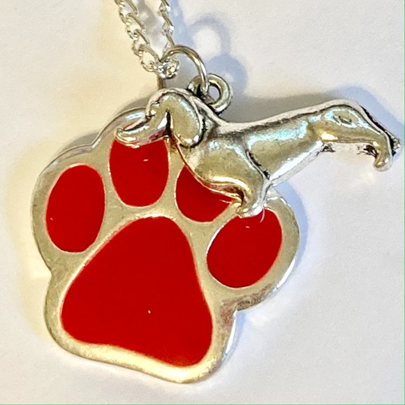 Dachshund Dog Paw Print Necklace Doxie 24" Chain Silver Plated Red Enamel - Picture 8 of 10